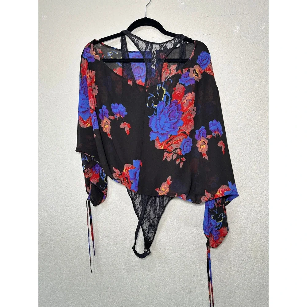 Intimately Free People‎ Floral Cold Shoulder Bodysuit Black Blue Lace SP